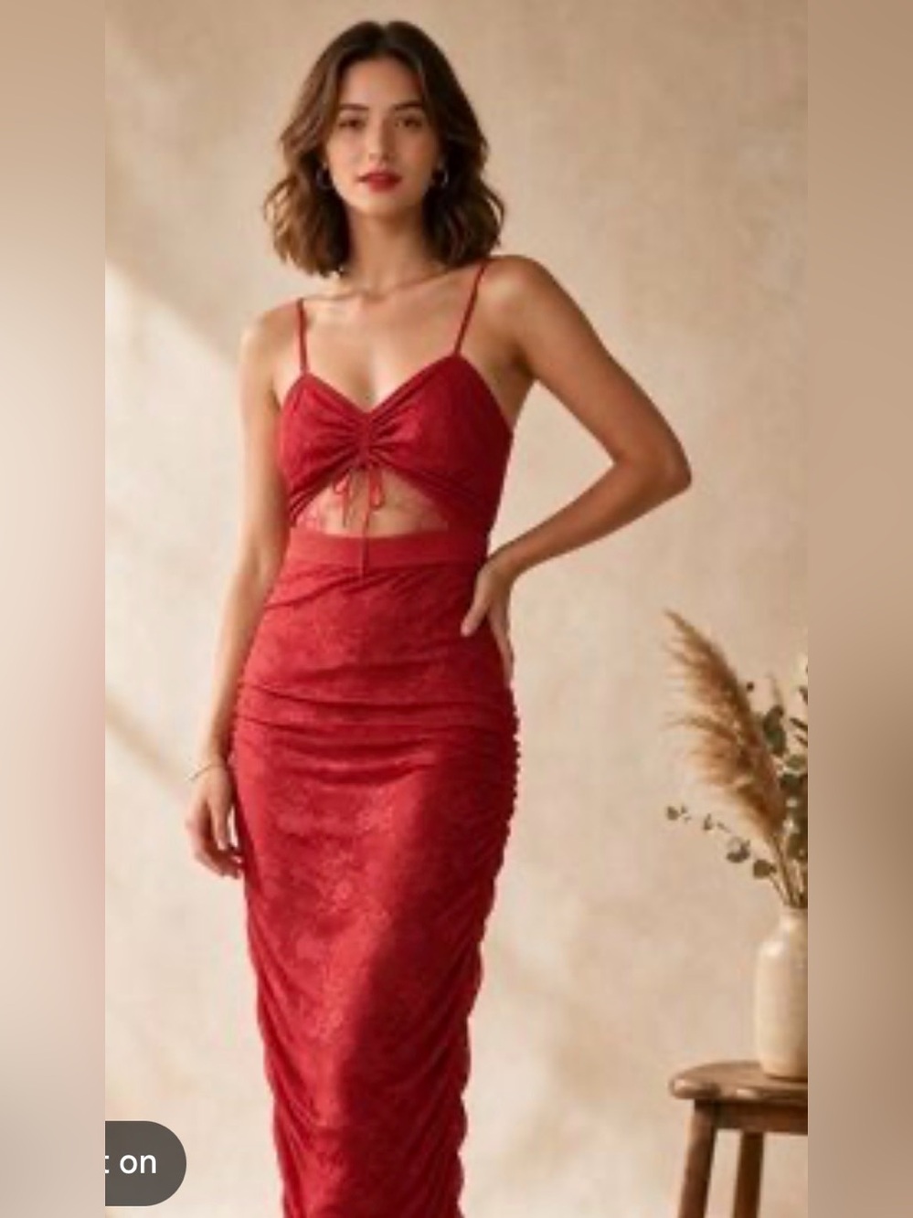 For Love & Lemons Red Ruched Midi Dress with Front Cutout